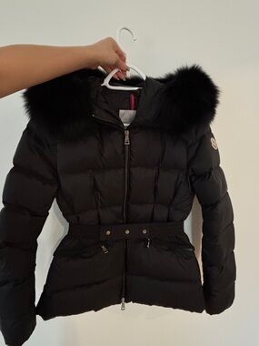 Moncler Black Quilted Down Puffer Jacket with Fur-Trim Hood size 1